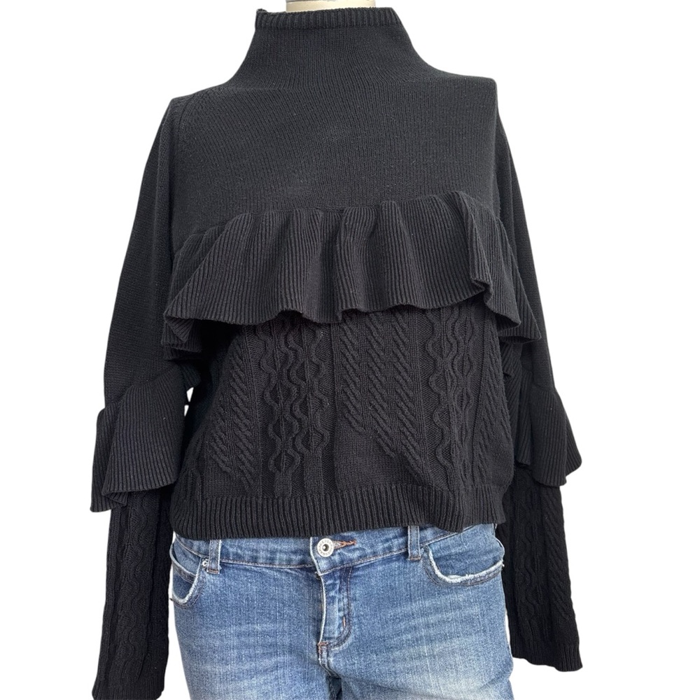 NAADAM black mock turtleneck ruffle cable knit sweater